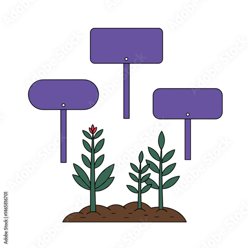 Garden Plant Labels Illustration, Green Leaves in Soil. Gardening, identification, nature. Design element, illustration, articles