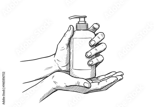 Hands holding mosquito repellant lotion bottle in sketch style. Mosquito protection, insect repellent, summer. Article illustration, blog, website 