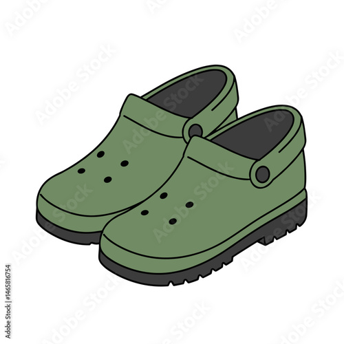 Garden Clogs, Utility Style, Green. Gardening footwear, comfort on lawn, practical use. Illustration, design element, articles