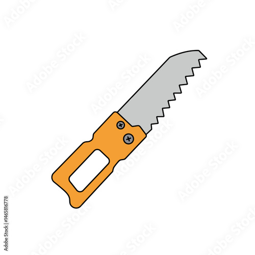 Hand Saw Icon, Simple Vector Style, Orange Handle. Woodworking tool, construction, DIY. Design element, illustration, repair projects