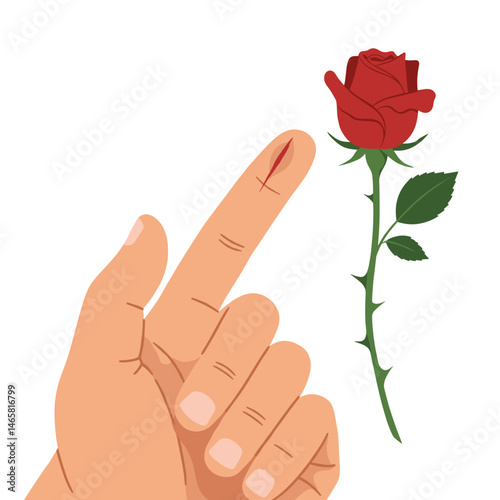 Hand showing scratch from thorn on finger next to rose. Minor injury, gardening hazard, nature contact. Article illustration, health blog, gardening safety