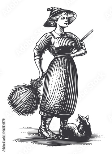 Vintage Vector Illustration of Farmer Woman with Broom and Cat
