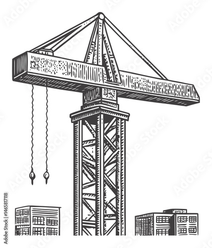 Detailed Vector Illustration of Construction Crane with Urban Background