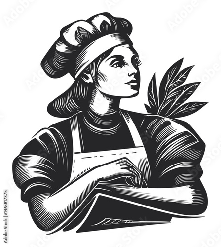 Woman Chef Reflecting with Fresh Herbs in Elegant Vector Design