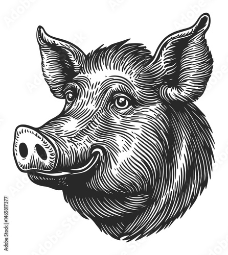 Detailed Pig Head Illustration in Vintage Engraving Style for Design