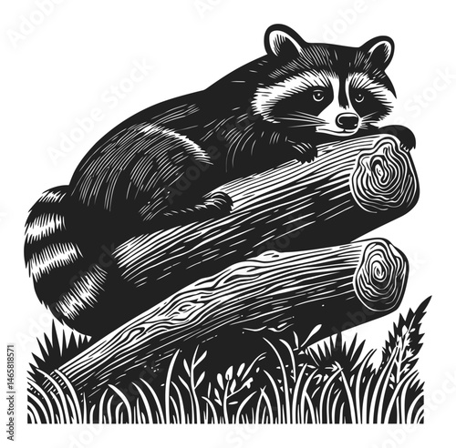 Detailed Illustration of a Raccoon Relaxing on a Log in Nature Scene