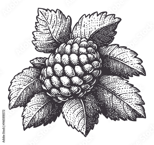 Hand-Drawn Raspberry with Leaves in Vintage Style Vector Illustration