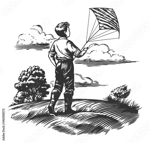 Vintage Black and White Illustration of Boy Flying Kite Outdoors