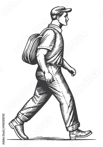 Detailed Vintage Illustration of a Male Hiker Walking with a Backpack
