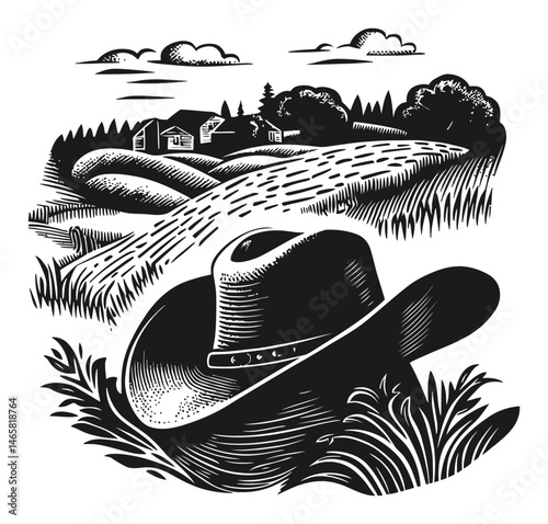 Black and White Vector Illustration of a Cowboy Hat with Landscape