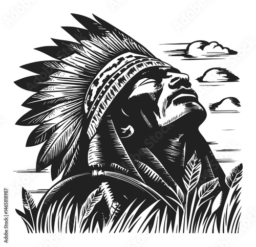 Majestic Native American Chief in Profile with Feathered Headdress Design