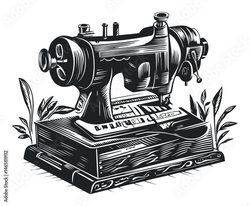 Vintage Sewing Machine Illustration in Black and White Vector Design