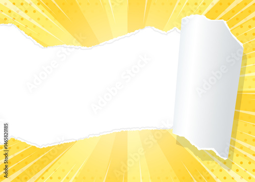 サンバーストと破れた紙の背景素材、集中線のエフェクト、ドットのパターン、フレーム
