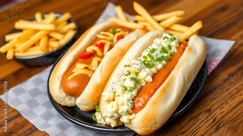 two hot dogs with macaroni salad  and  fries