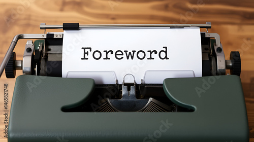 Foreword word close up being typing and centered on a sheet of paper on old vintage typewriter mechanical