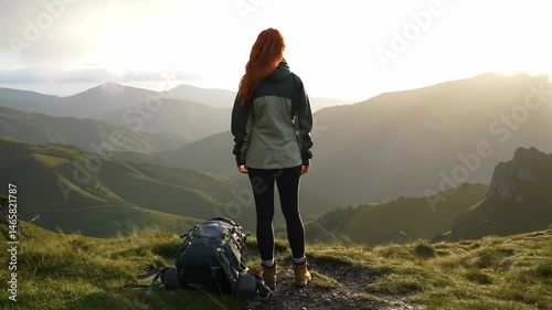 Red Haired Woman on Mountain Top Overlooking Green Hills with Backpack in Bright Sunlight Landscape