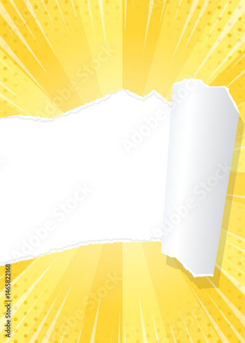 サンバーストと破れた紙の背景素材、集中線のエフェクト、ドットのパターン、フレーム、縦向き