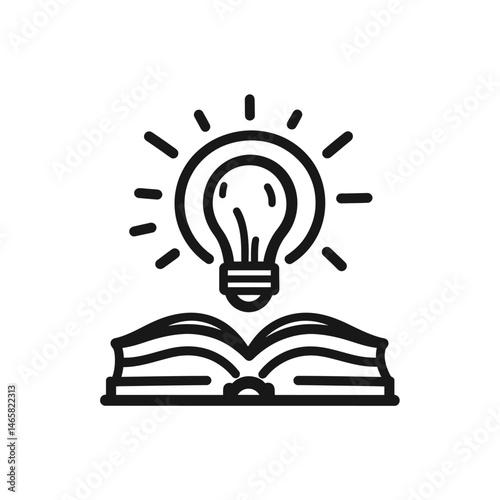 A bright lightbulb shines above an open book in black line art on white