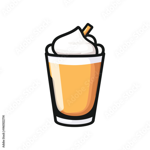 A creamy orange drink in glass is topped with whipped cream, transparent background