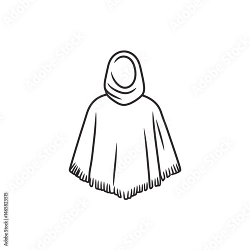 A hooded poncho with fringed edges is depicted in black and white outline