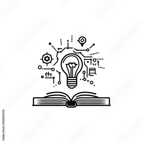 A light bulb and circuit branches sit atop an open book in line art