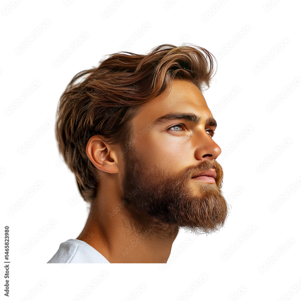 Fototapeta premium Handsome Man with Wavy Brown Hair and Beard, Profile View
