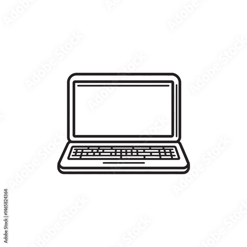 A minimalist line art shows a laptop with a blank screen, transparent backdrop