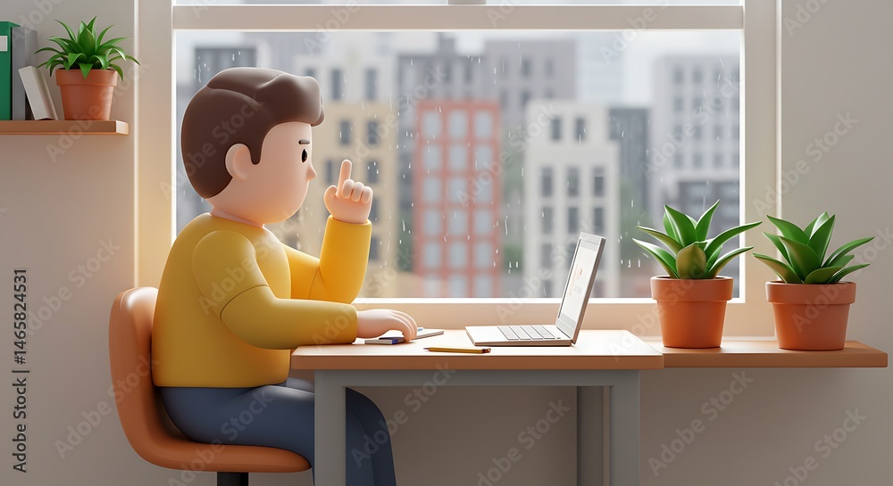 Fototapeta premium 3d cute cartoon illustration, person sitting at a plant cluttered desk background: rainy city view from window position: person on the left