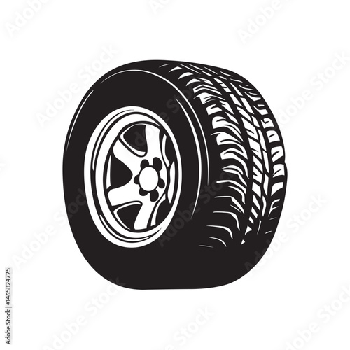 A monochrome car tire with tread and rim is visually bold and striking