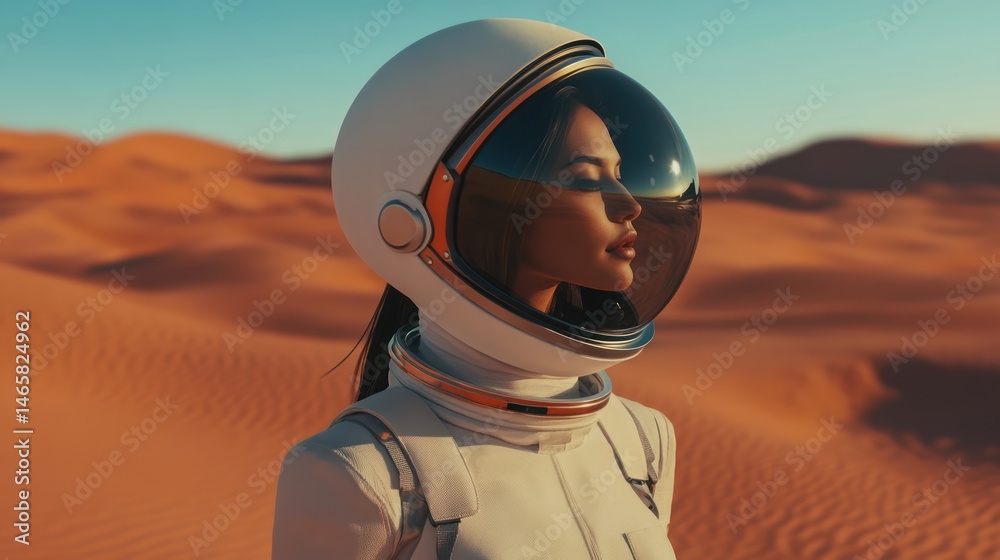 A serene figure in a spacesuit gazes over a desert landscape. A serene figure in a spacesuit gazes over a desert landscape.