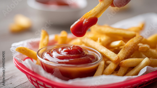 Close up of ketchup being squeezed onto crispy french fries for a tasty snack scene