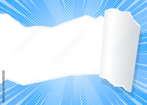 サンバーストと破れた紙の背景素材、ハーフトーンのドット、集中線のエフェクト、フレーム