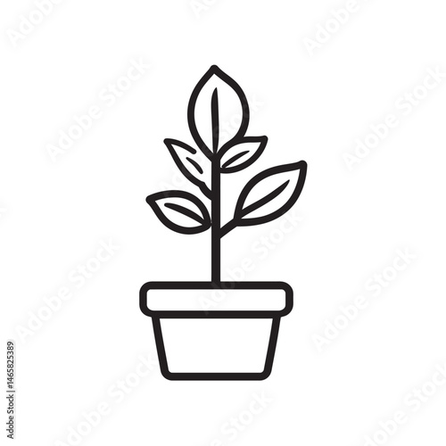 A potted plant with five leaves is outlined in black and visible on white