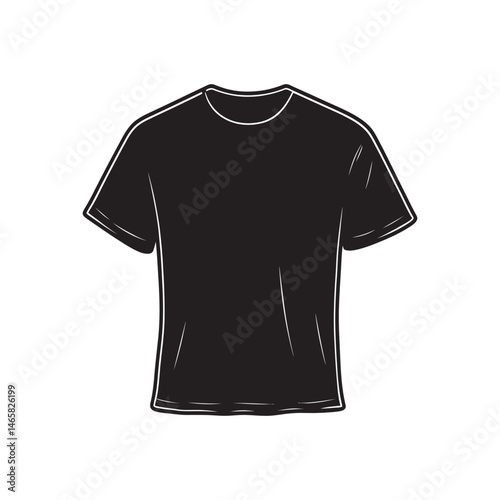 A short sleeved black tshirt stands isolated with a white outline and transparent background