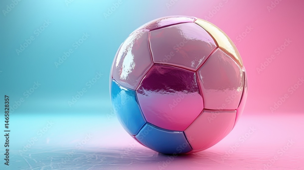 Naklejka premium Vibrant Shiny Soccer Ball with Glossy Finish on Pink and Blue Gradient Studio Background