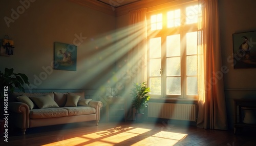 Sunlight streams through bright windowpanes, illuminating dust motes , morning, day, home
