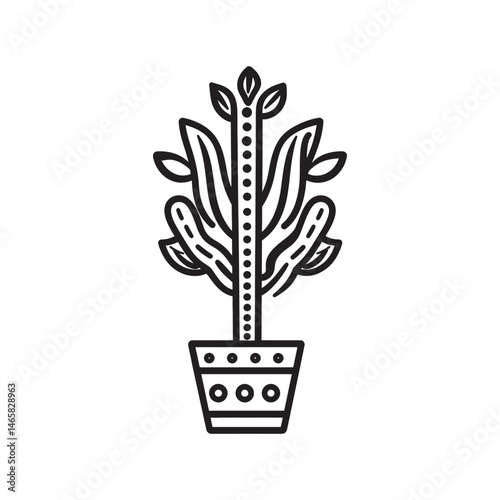 A simplistic potted plant showcases stylized leaves and patterned detail with transparent background