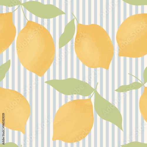 Seamless pattern of blue stripes with lemons. Italian summer vacation. Coquette print, background with citrus fruits. Vector trendy design for fabric, wrapping paper