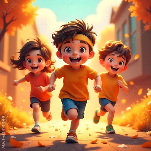 Happy children joyfully running down an autumn street, enjoying playful freedom and childhood glee