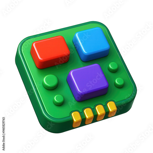 Vibrant glossy green electronic interface featuring three prominent colorful buttons and multiple small green inputs with yellow connectors. photo