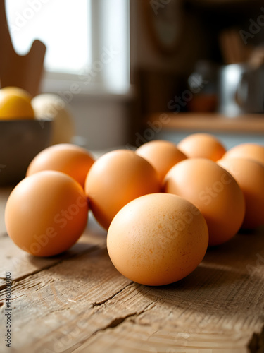 Fresh eggs close-up on rustic surface with blurred kitchen background. Natural lighting macro photography of breakfast ingredients.