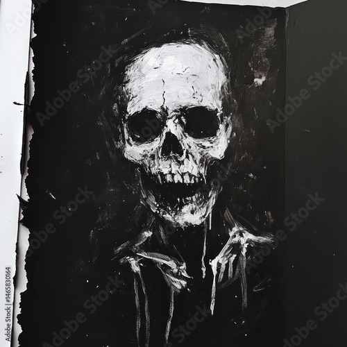 A monochrome skull painting, with dramatic lighting and texture.