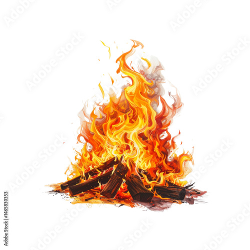 Isolated campfire illustration for camping bonfire design and outdoor fire element art on transparent background