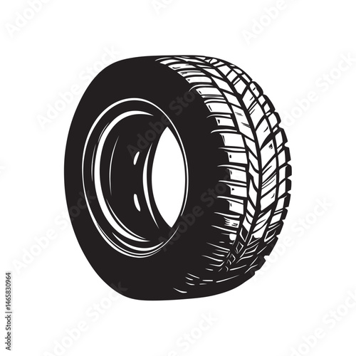 A stylized black tire with tread patterns creates an automotive, element on white