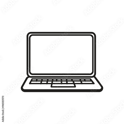 A stylized laptop appears as a simple, thicklined monochrome outline on white