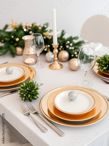 festive table setting with luxe metallic elements, including gold-rimmed plates, silverware, and metallic accents, minimal background