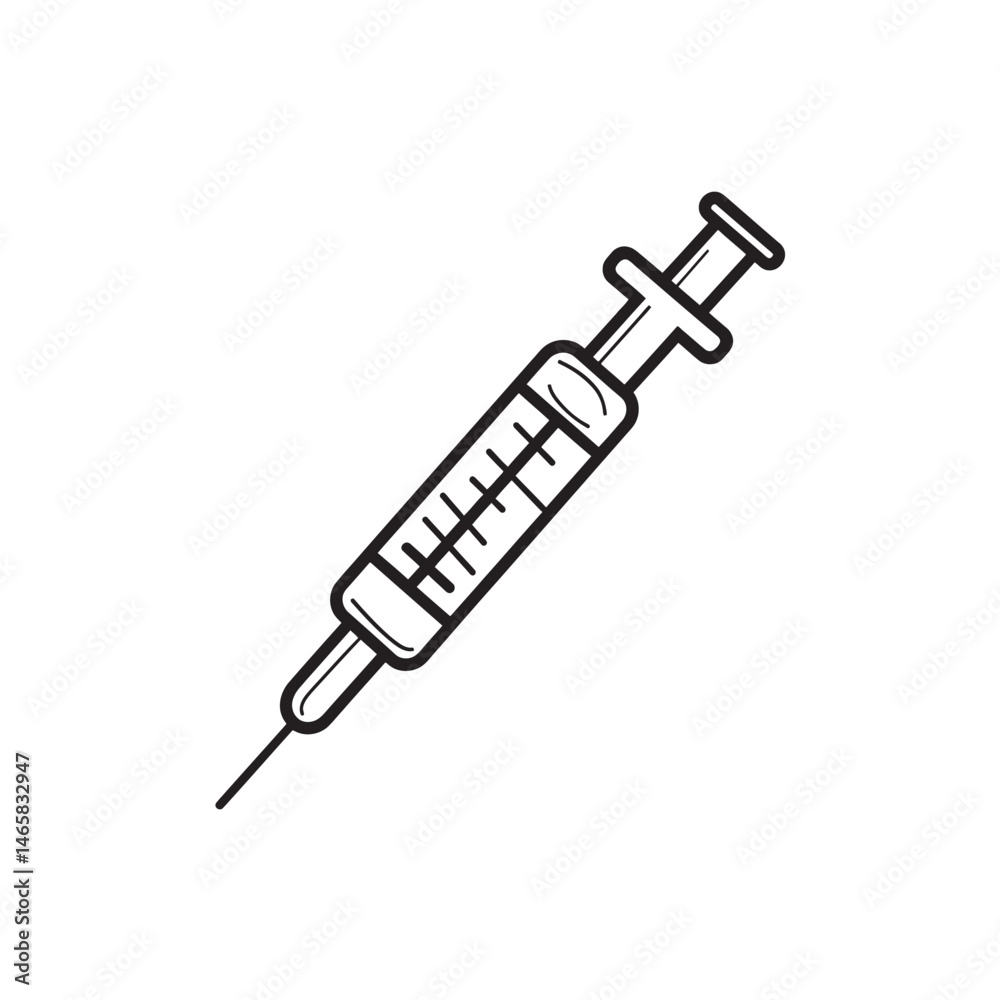 An empty syringe with a needle is illustrated in black and white colors An empty syringe with a needle is illustrated in black and white colors