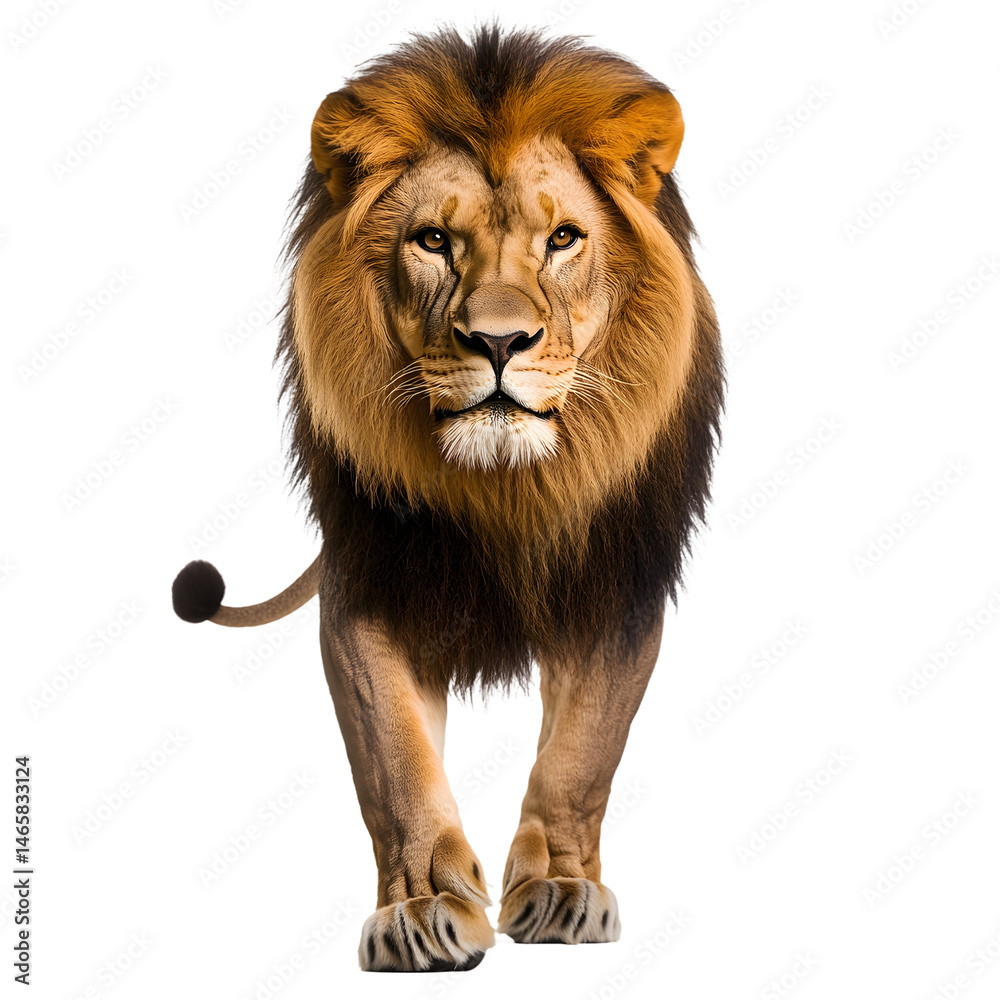 Obraz premium Majestic lion walking front view isolated on black background png
