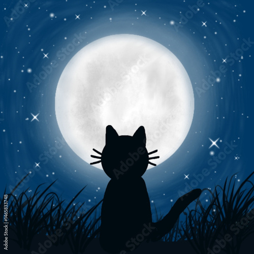 Cute cat silhouette sitting in grass, gazing at a bright full moon in the night sky