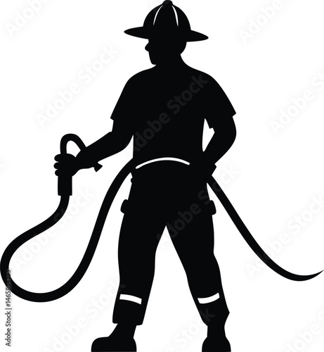 Black silhouette vector design of a firefighter holding hose icon with transparency